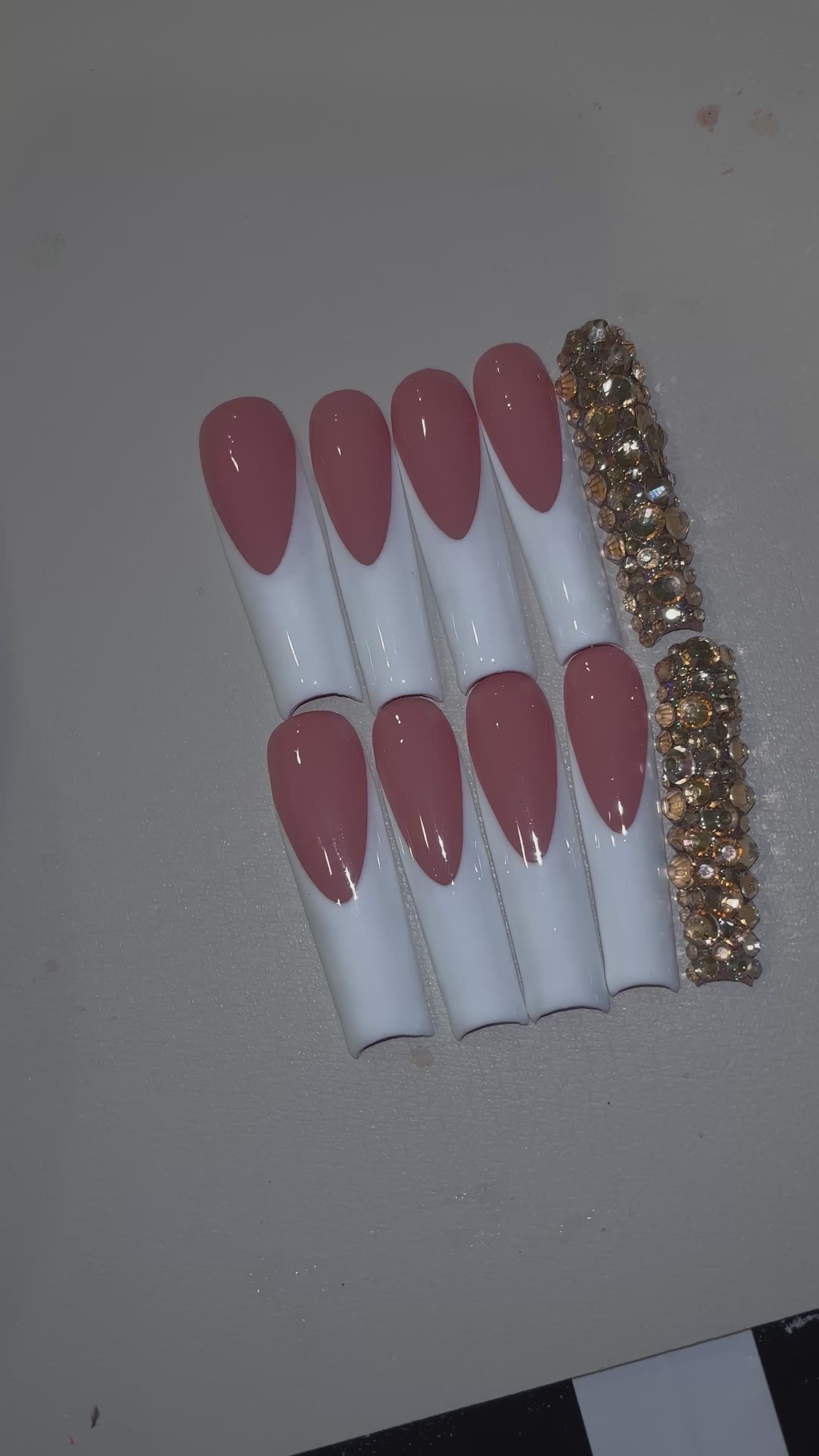 White French w/ gold stone pinky press-ons
